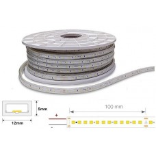 Tira LED 230V monocolor 12W/mt 120L/mt. SMD 2835 IP67 12x5mm corte cada 100mm, rollo 20mts x 7,20€/m